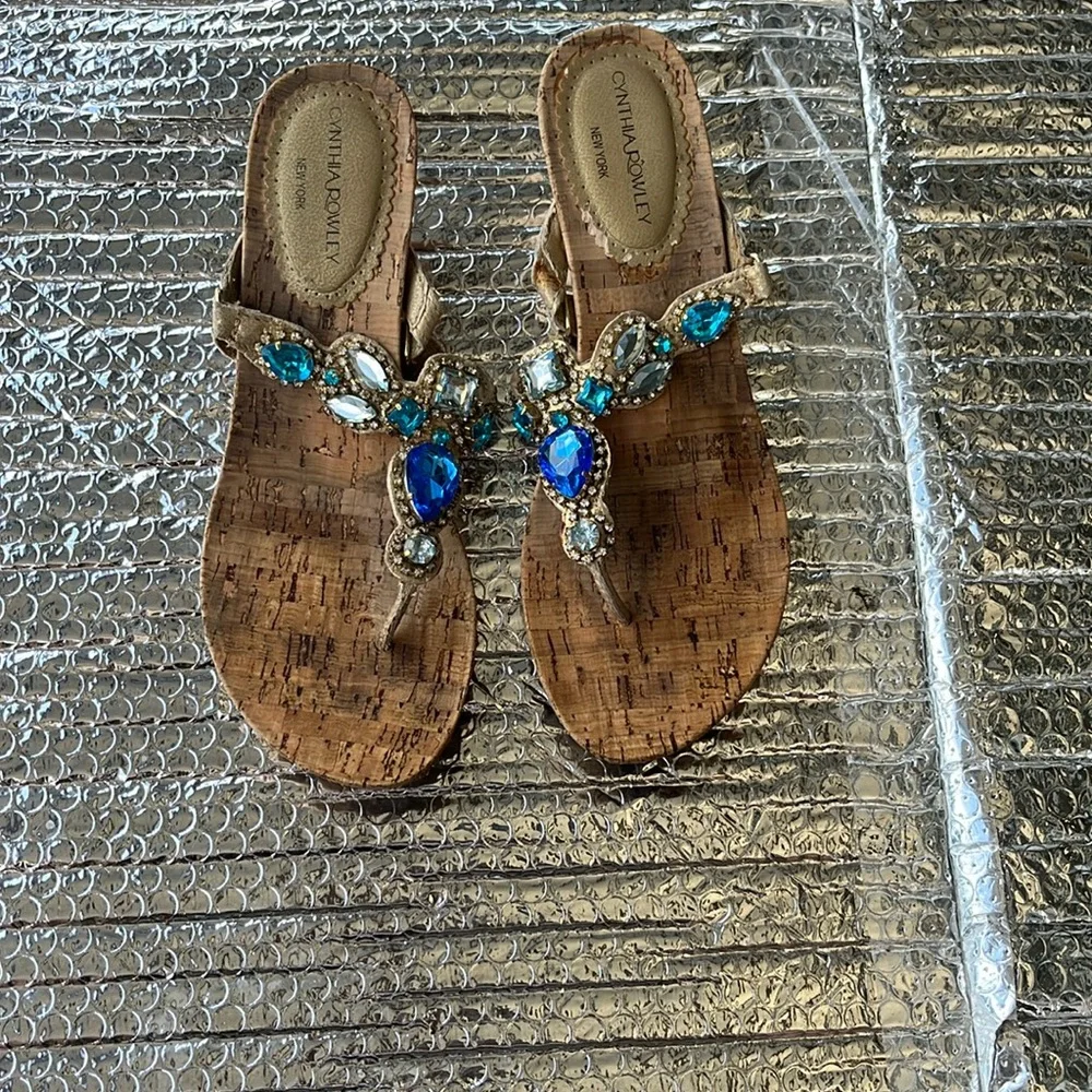 Cynthia Rowley Tan and Blue Sandals with Embellishments - Picture 1 of 14
